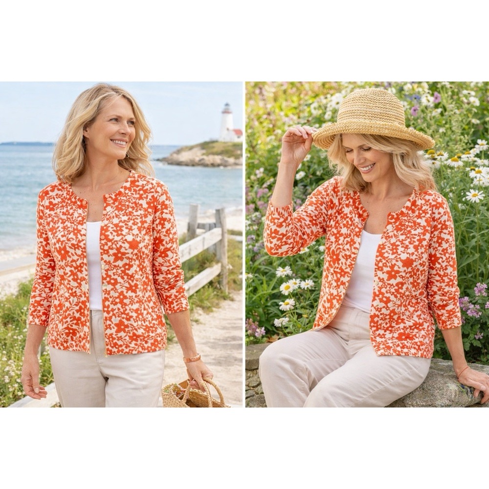 LL Bean Cardigan Sweater Women L Floral Orange Button Ribbon Cotton Cottagecore